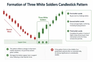 Formation of Three White Soldiers Candlestick Pattern